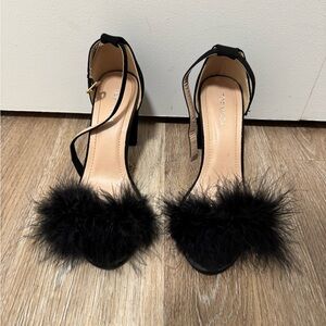 Top Moda Black Feather Heels Ankle Strap Sandals Womens Open Toe Party Heels 7.5
